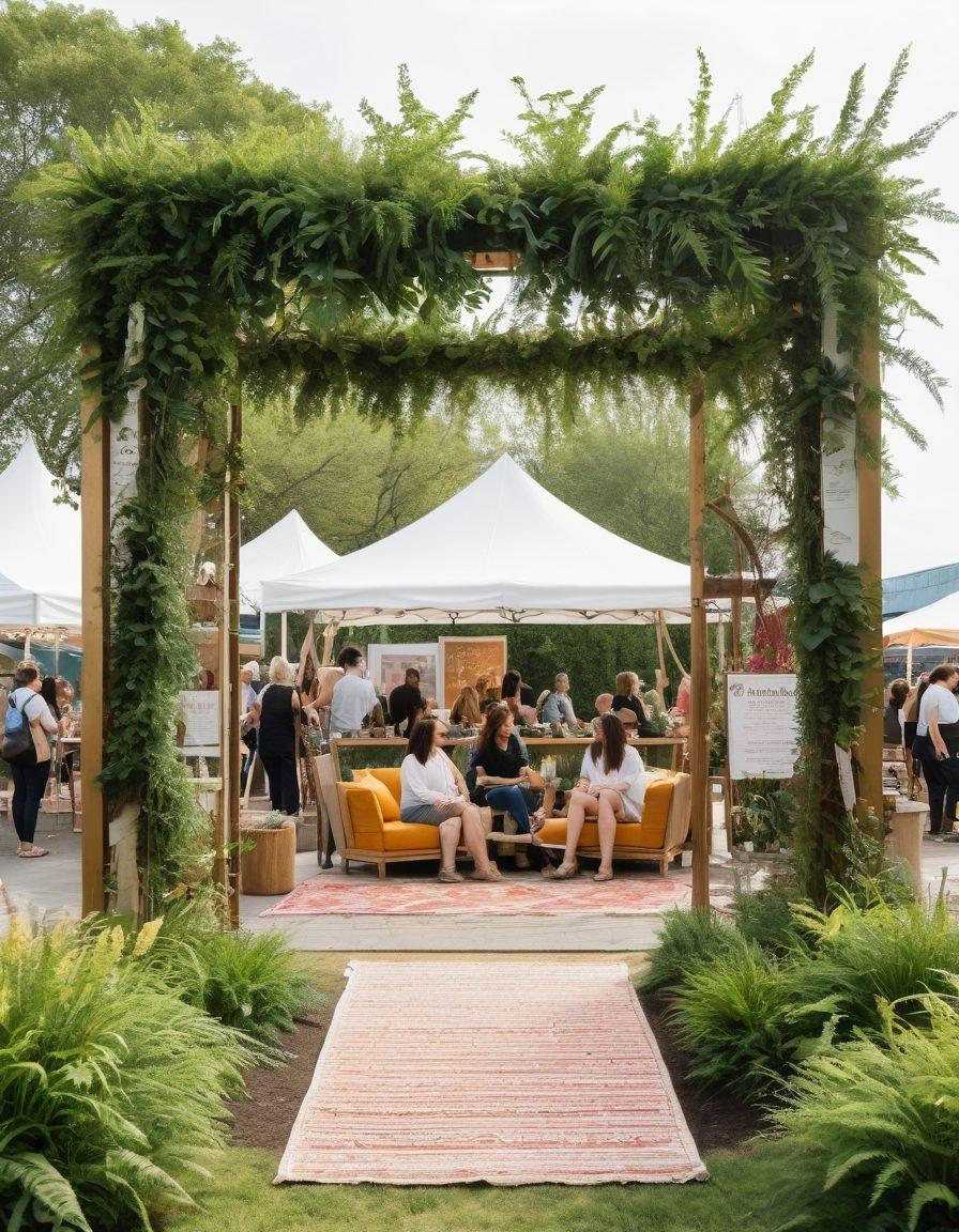 A serene and inviting outdoor fair scene set in the Meadowlands, featuring diverse groups of people engaging in intimate conversation while exploring various sexual wellness booths. Incorporate soft, natural lighting and lush greenery surrounding the event, with decorative banners promoting workshops. Add subtle elements like flowers and comfort zones to highlight intimacy and warmth. The atmosphere should evoke a sense of community, trust, and openness. vibrant colors. super-realistic.