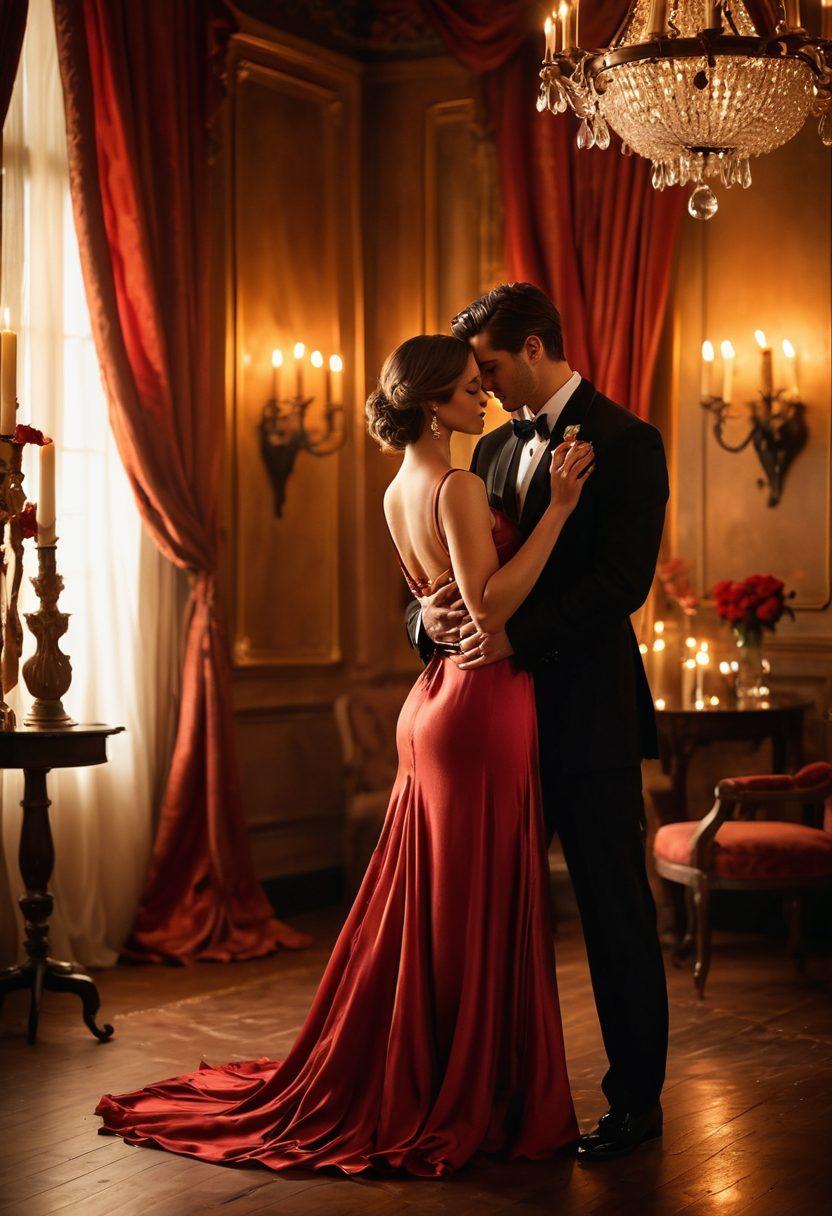 A sultry atmosphere with dimly lit candlelight, featuring a couple dancing intimately in a luxurious setting. The focus should be on warm, inviting colors that evoke romance and passion, with hints of provocative elements like red roses and soft silk drapes. Incorporate playful silhouettes of singles mingling in the background, creating a sense of celebration and connection. opulent textures, smoky ambiance, vibrant colors. super-realistic.