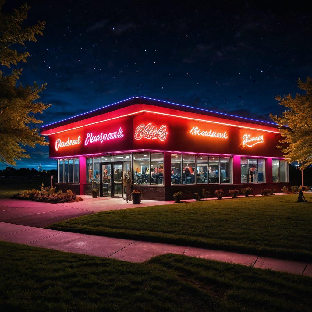 A vibrant night scene showcasing an inviting adult entertainment venue in the Meadowlands, with playful neon lights illuminating the entrance. Capture a diverse group of attendees, engaged in laughter and excitement as they explore the surroundings. Include subtle hints of intimacy, like couples sharing whispers, set against a backdrop of lush meadows under a starlit sky. The atmosphere should feel electric yet inviting, reflecting a blend of arousal and connection. super-realistic. vibrant colors. night scene.